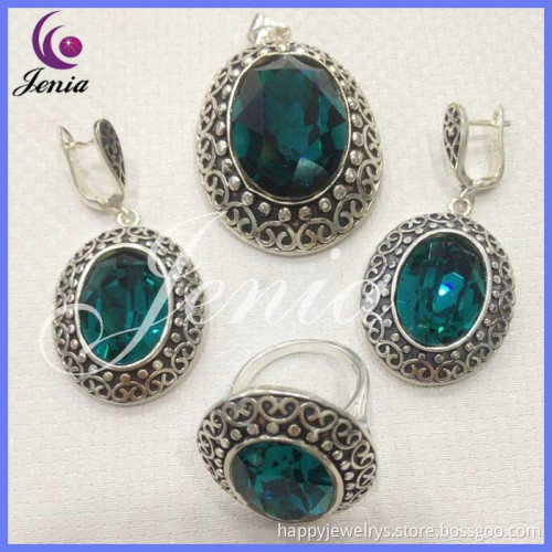 Top quality thai silver green zircon wedding jewelry set wholesale fashion jewellery (6335T23)